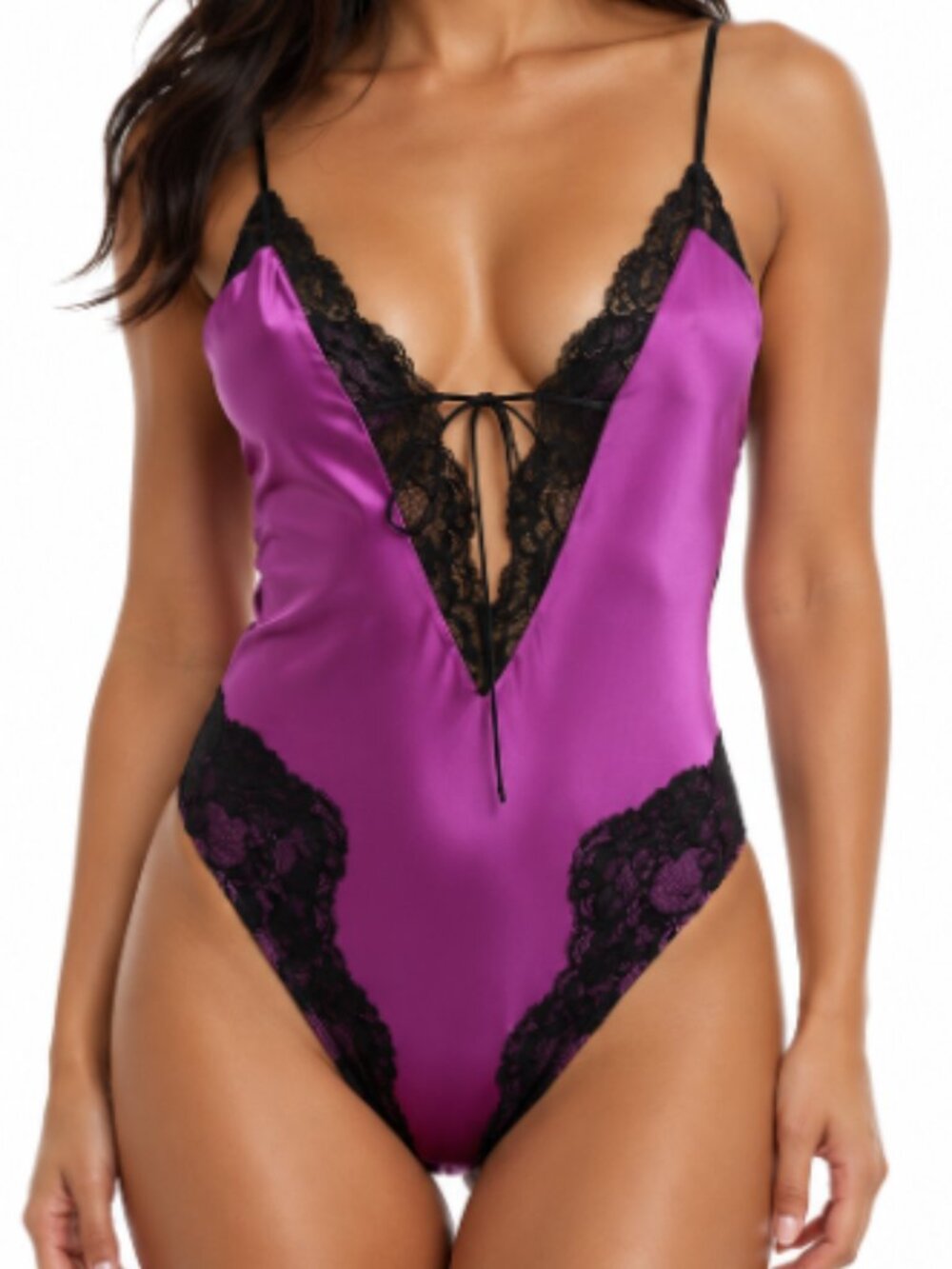 Lover's Lane Magenta Satin Bodysuit Black Lace Sz M/L Boudoir Romantic Goth